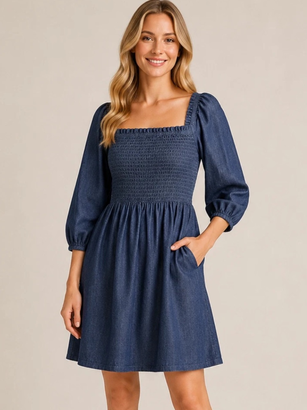 J Crew Dark Women’s Wash Denim Smocked Bodice Babydoll Dress Size Large L